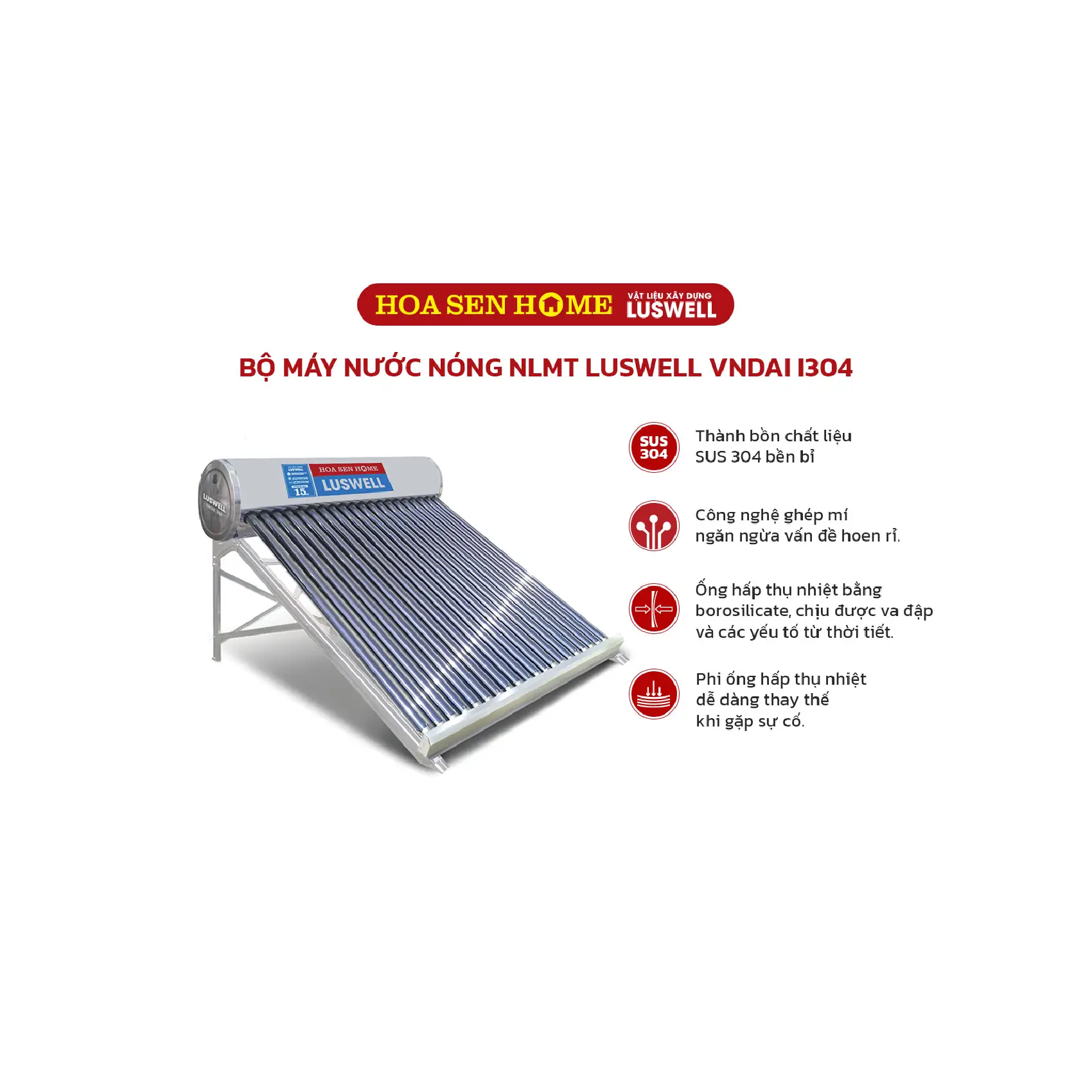 Máy nước nóng năng lượng mặt trời I304 LUSWELL VNDAI 130L - 12 ống