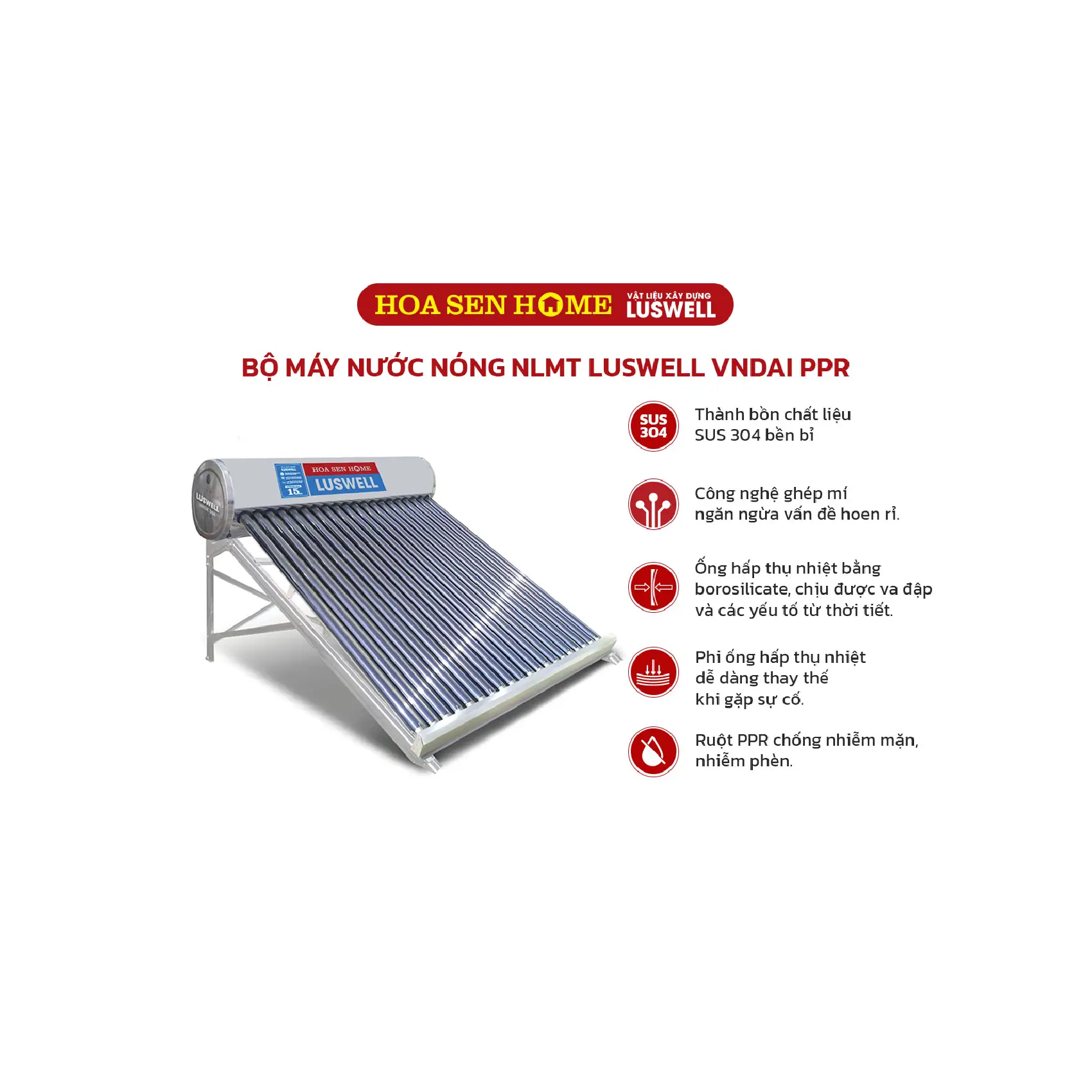 Máy nước nóng năng lượng mặt trời PPR LUSWELL VNDAI 200L - 20 ống