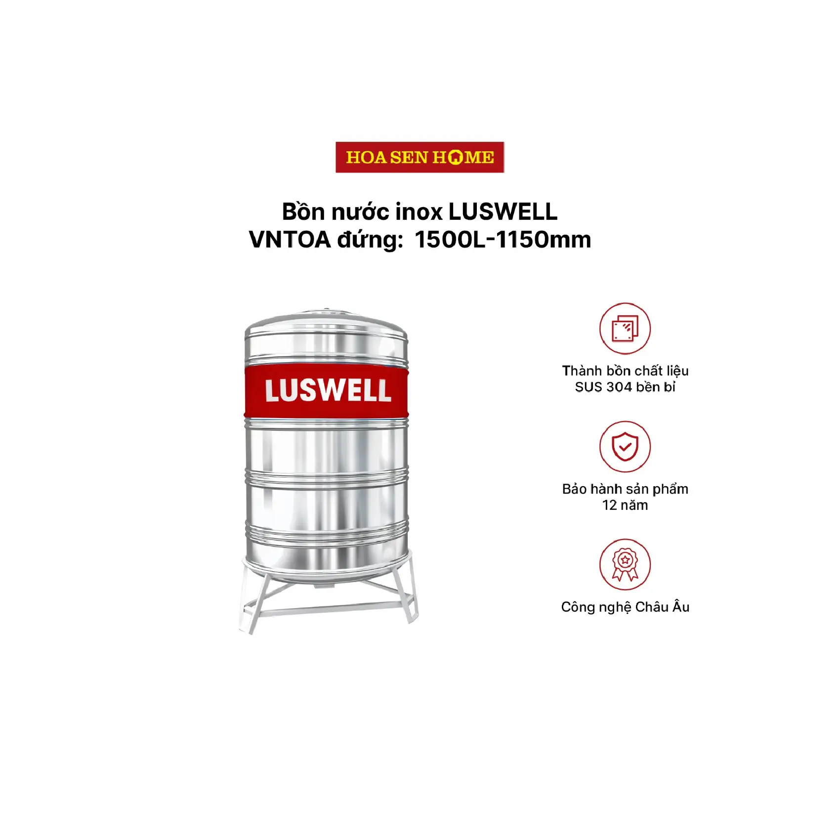 Bộ bồn nước INOX LUSWELL VNTOA đứng: 1500L-1150mm