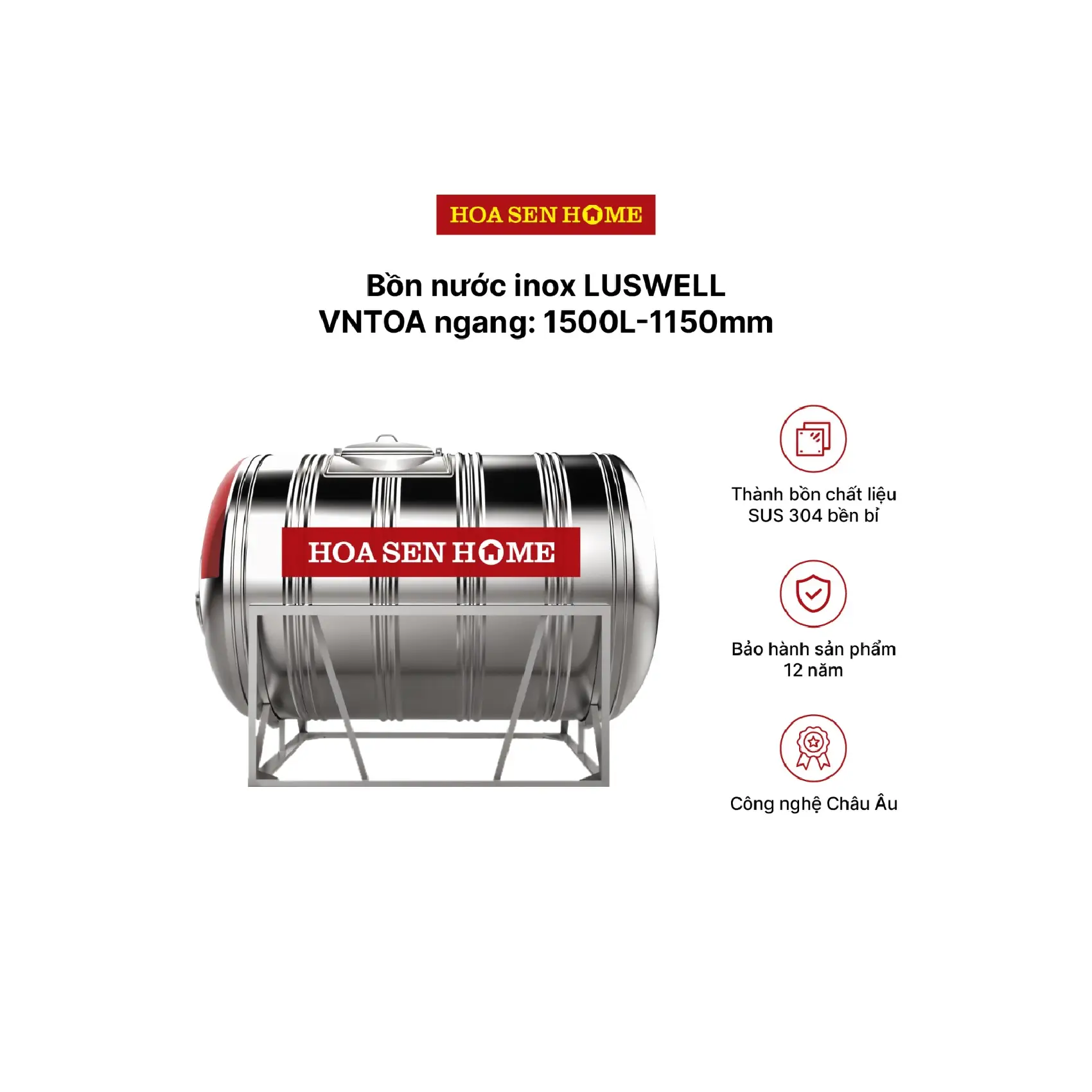 Bộ bồn nước INOX LUSWELL VNTOA ngang: 1500L-1150mm
