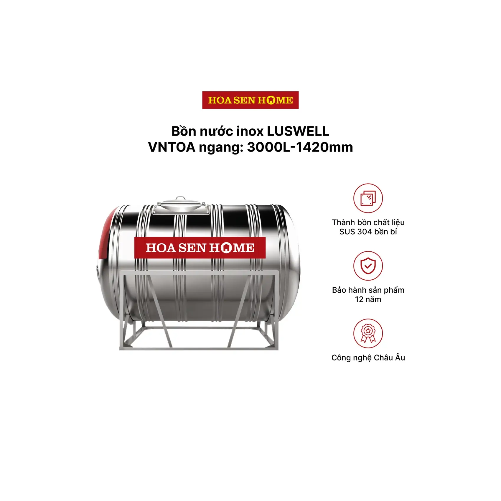 Bộ bồn nước INOX LUSWELL VNTOA ngang: 3000L-1420mm